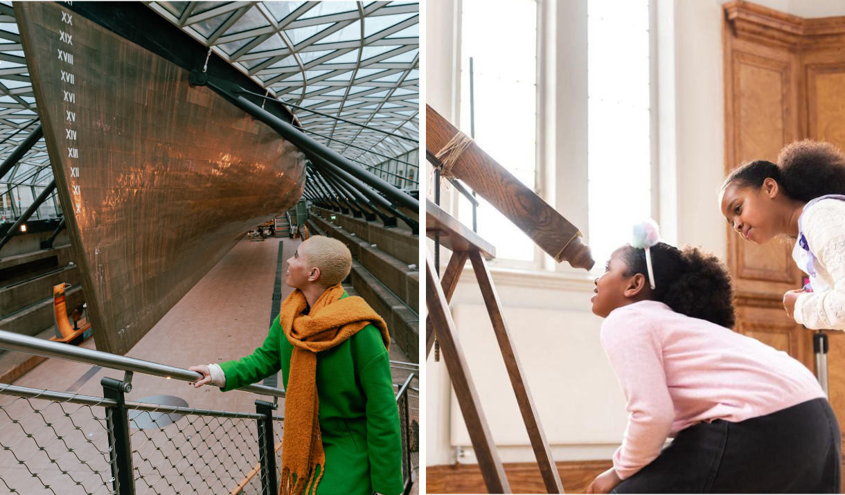 A woman admires the Cutty Sark and two children look through a telescope at the Royal Observatory Greenwich